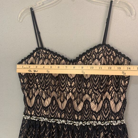 Jodi Kristopher Black Lace Nude Lined Fit Flare Dress Rhinestone Waist Size 9 - Picture 6 of 8
